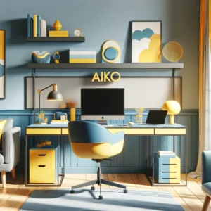 DALL·E 2024 04 13 12.54.22 A stylish home office featuring Aiko furniture with a sleek desk and comfortable chair in blue and yellow tones. The room is decorated in a vibrant c