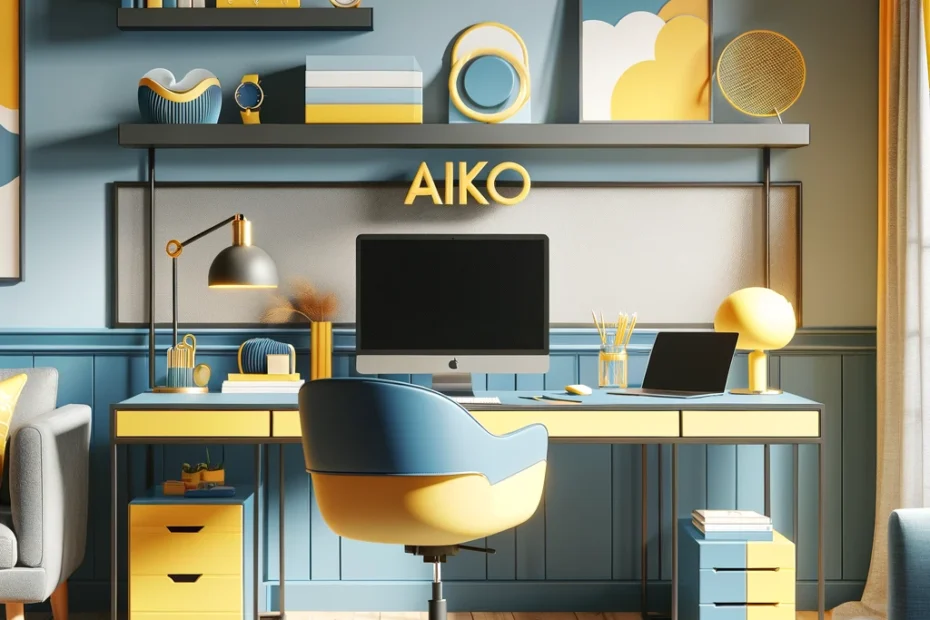DALL·E 2024 04 13 12.54.22 A stylish home office featuring Aiko furniture with a sleek desk and comfortable chair in blue and yellow tones. The room is decorated in a vibrant c