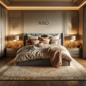 DALL·E 2024 04 13 13.05.09 A cozy and stylish bedroom featuring Aiko furniture with a large plush bed adorned with soft bedding and multiple pillows. The room has a warm and i