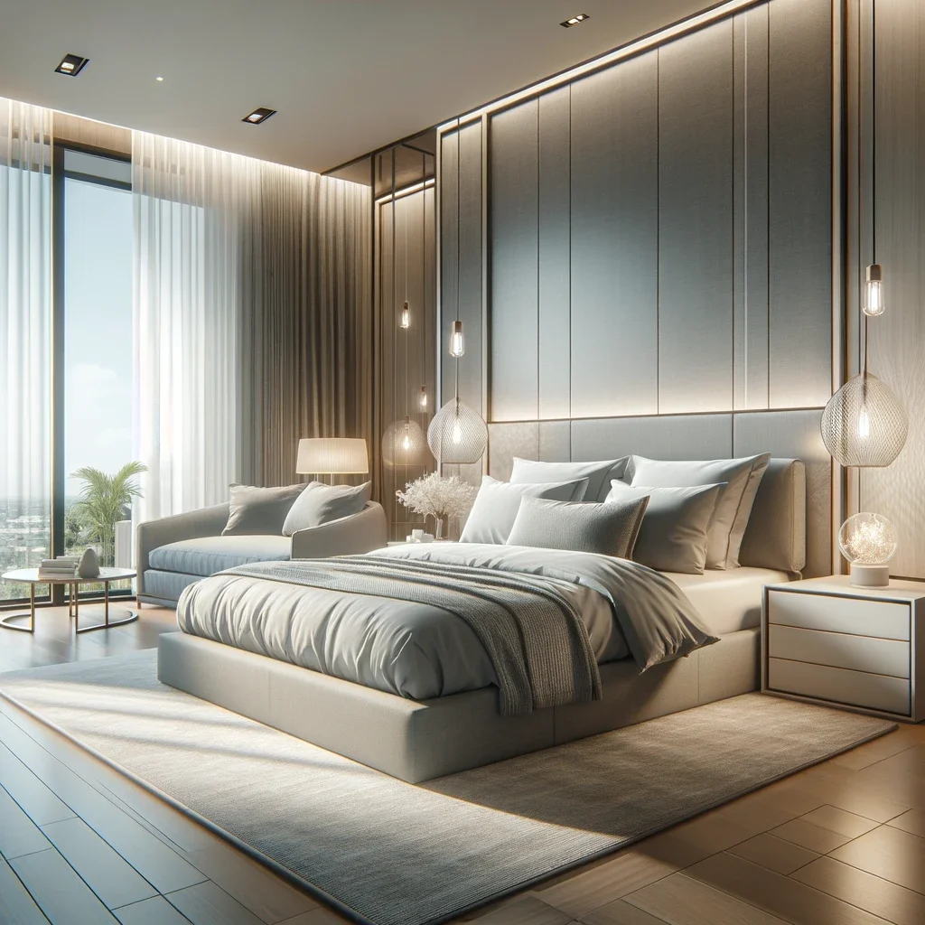 dalle 2024 04 13 12 54 18 a modern bedroom featuring aiko furniture with a large comfortable bed elegant nightstands and soft ambient lighting the room is decorated in a