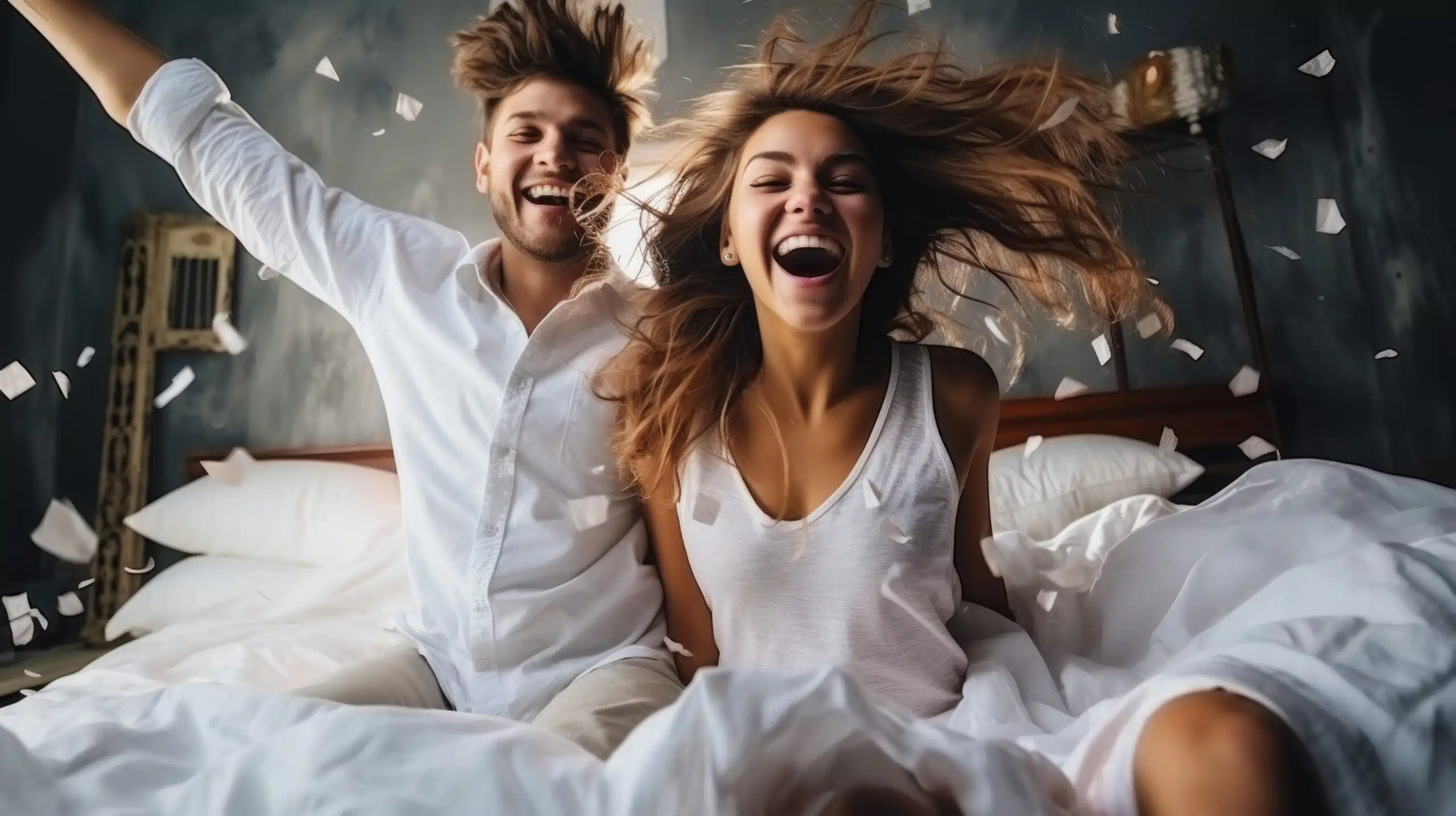 beautiful happy couple jumps music bed atmosphere happiness love scaled