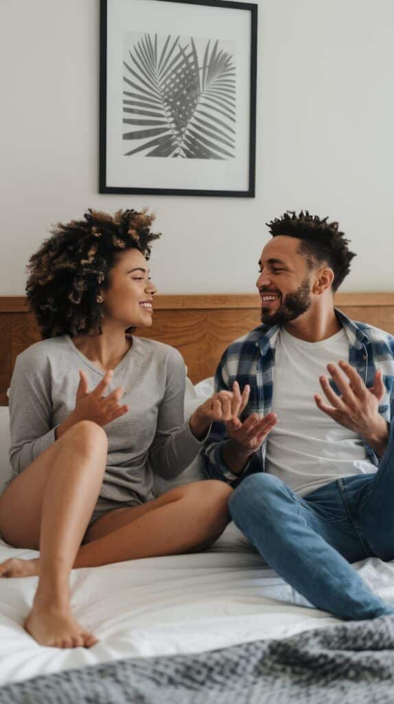 happy couple communicating while relaxing bed morning