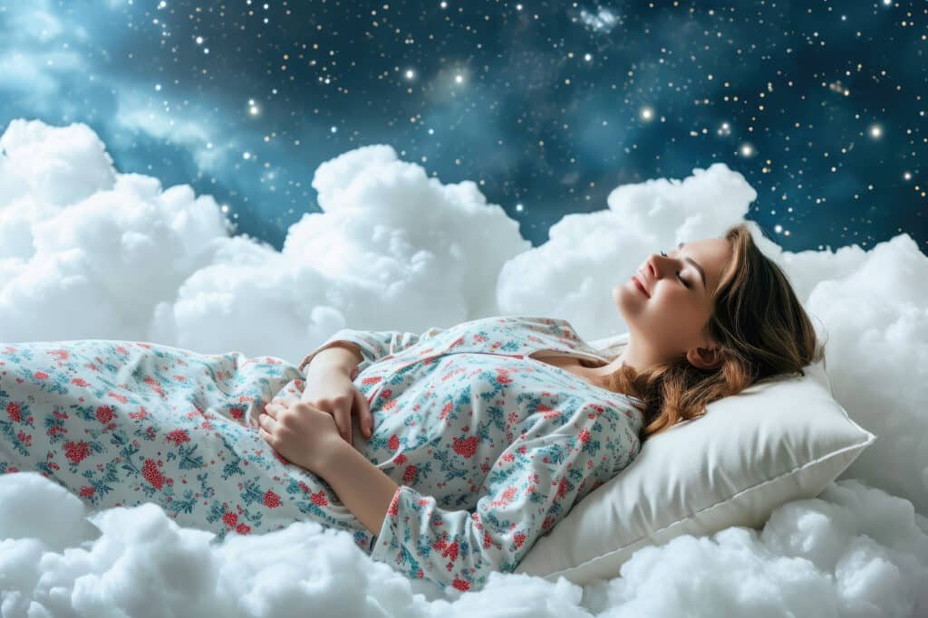 happy smiling young woman pajamas sleeping white clouds against night sky 1