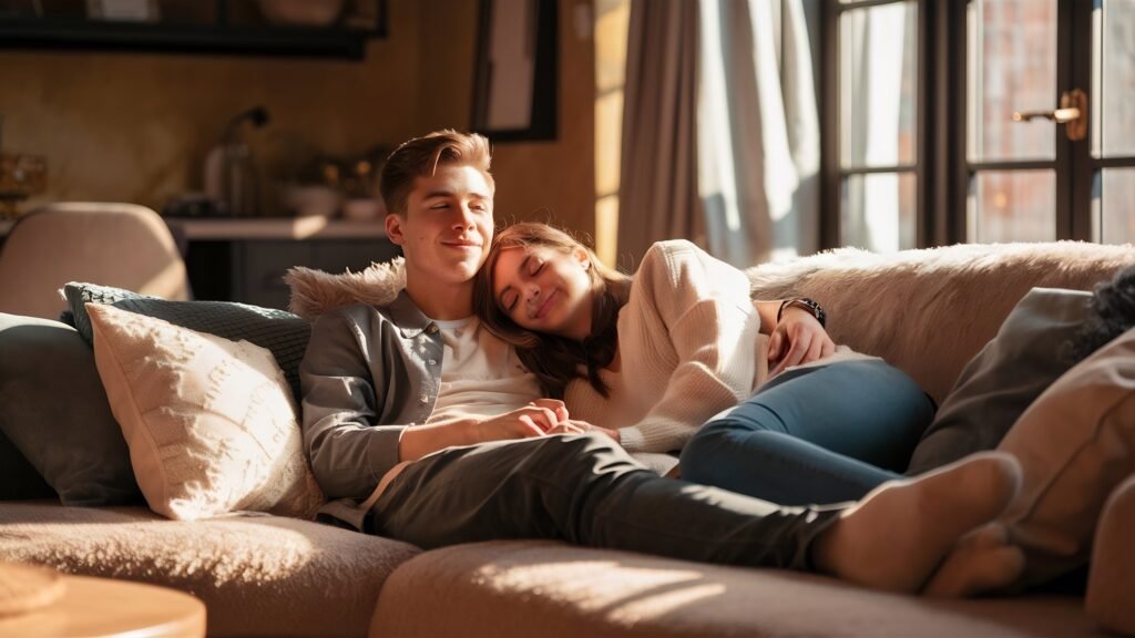 young man relaxing comfortable couch with girlfriend home